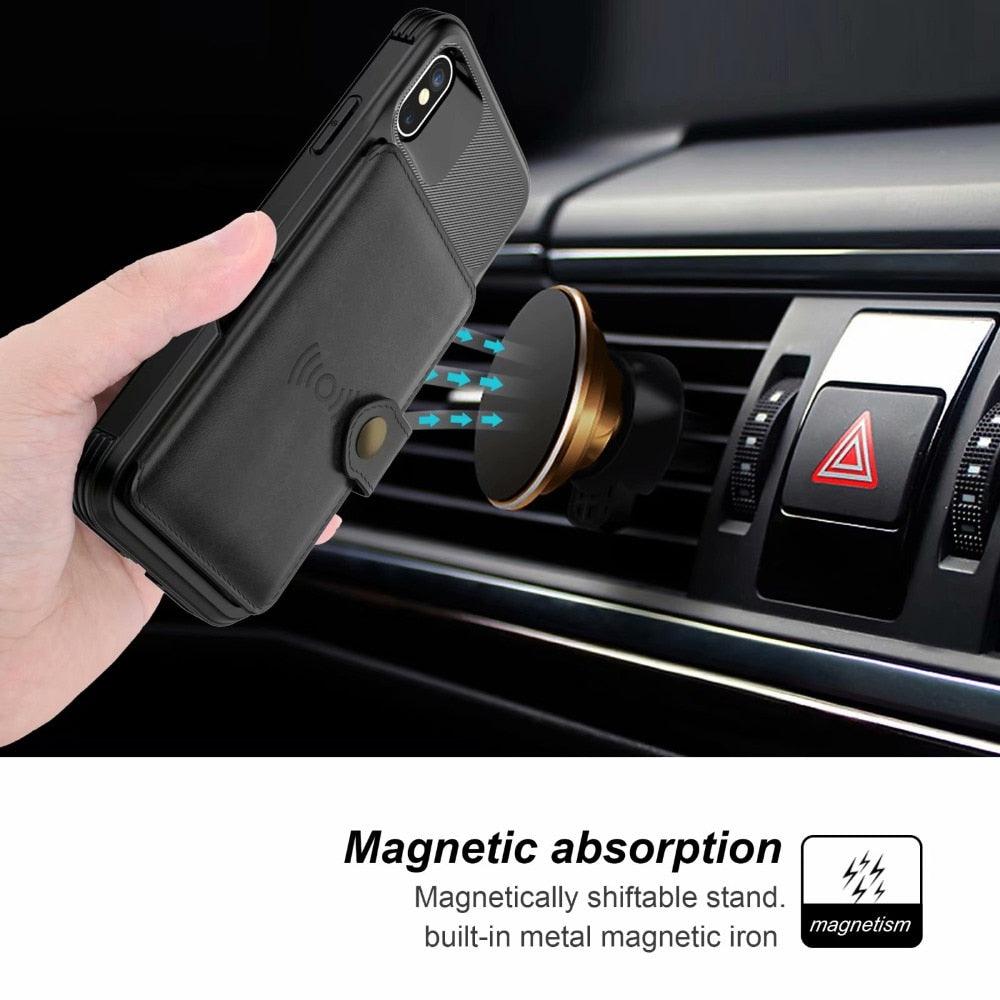 Étui de portefeuille en cuir noir magnétique premium pour iPhone