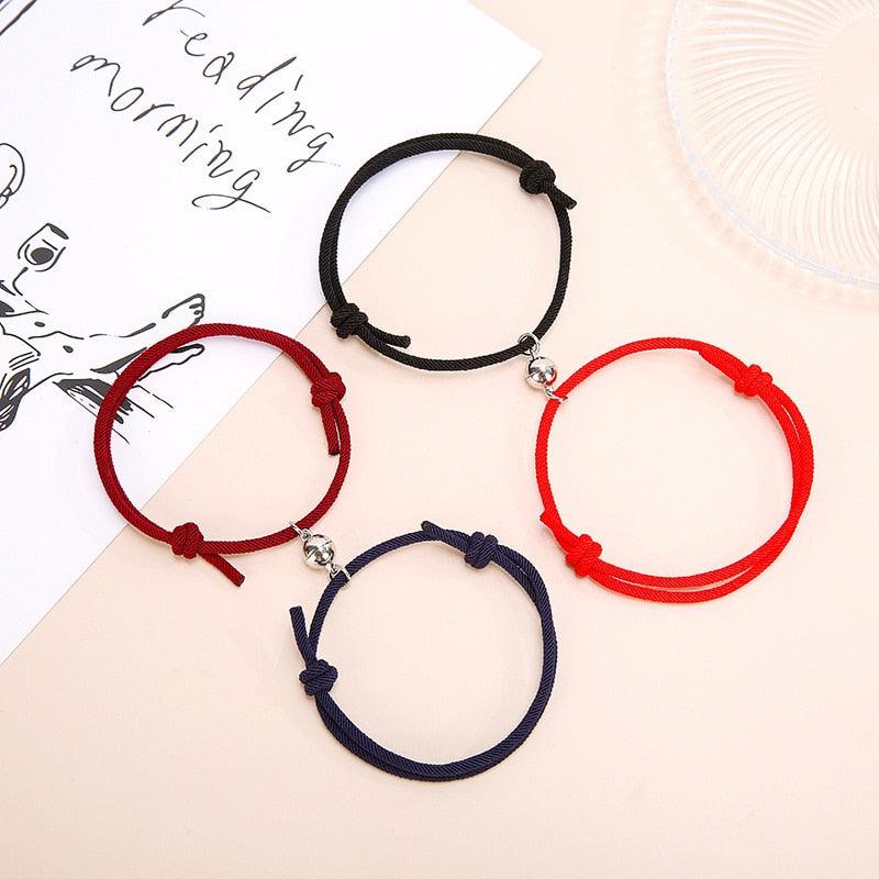 Magnetic Couple Bracelets - Adjustable Silver Alloy & Red Rope