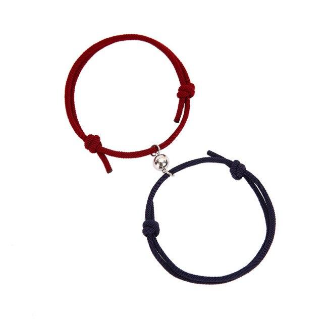 Magnetic Couple Bracelets - Adjustable Silver Alloy & Red Rope
