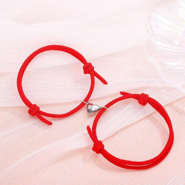Magnetic Couple Bracelets - Adjustable Silver Alloy & Red Rope