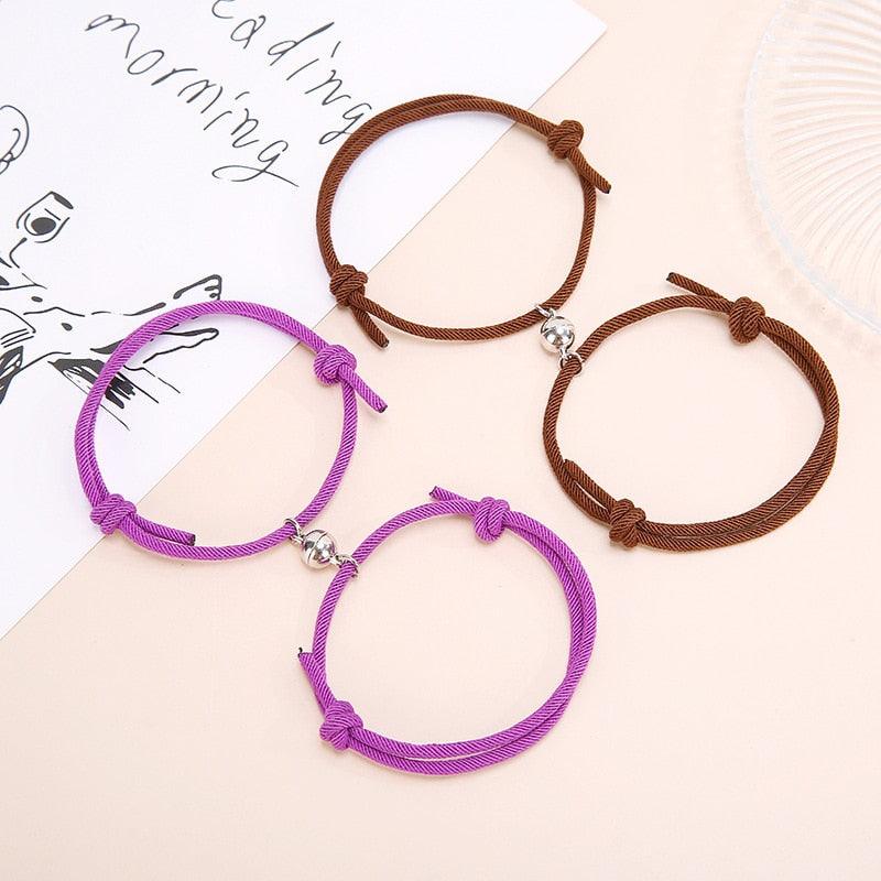 Magnetic Couple Bracelets - Adjustable Silver Alloy & Red Rope