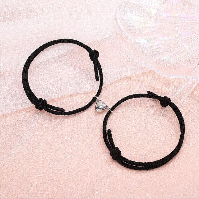 Magnetic Couple Bracelets - Adjustable Silver Alloy & Red Rope