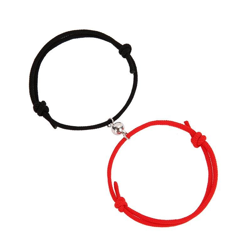Magnetic Couple Bracelets - Adjustable Silver Alloy & Red Rope