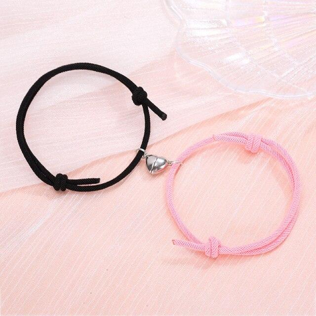 Magnetic Couple Bracelets - Adjustable Silver Alloy & Red Rope