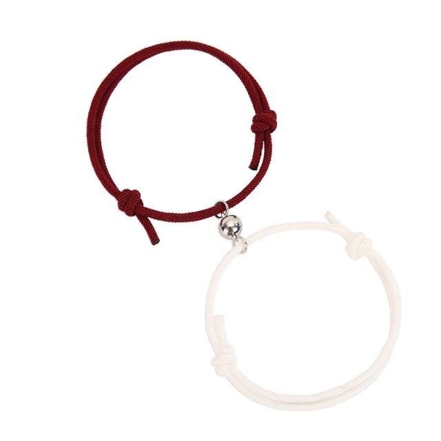 Magnetic Couple Bracelets - Adjustable Silver Alloy & Red Rope