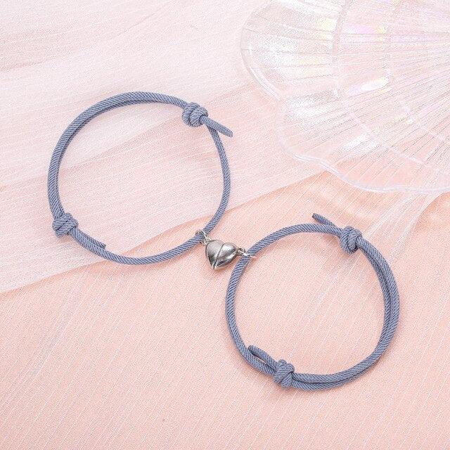 Magnetic Couple Bracelets - Adjustable Silver Alloy & Red Rope