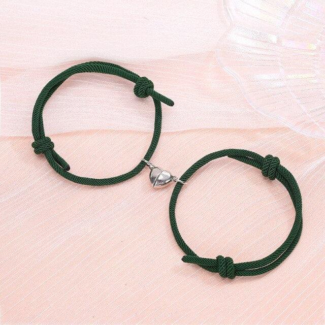 Magnetic Couple Bracelets - Adjustable Silver Alloy & Red Rope