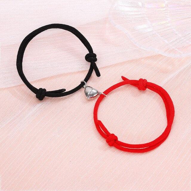 Magnetic Couple Bracelets - Adjustable Silver Alloy & Red Rope