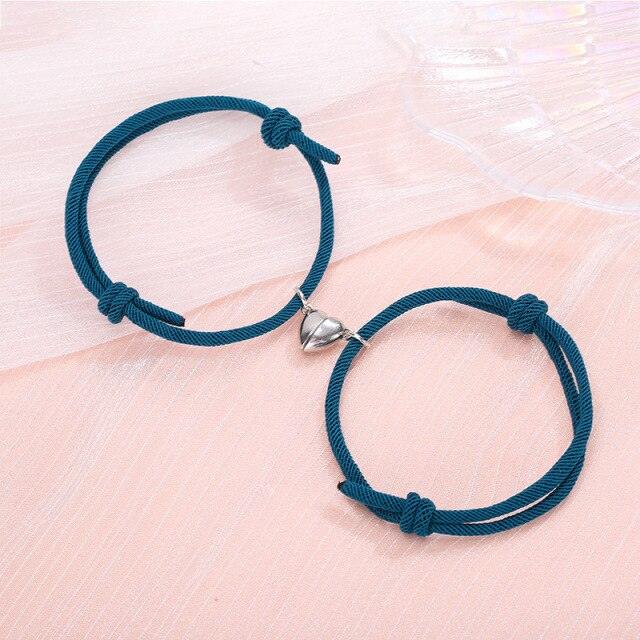 Magnetic Couple Bracelets - Adjustable Silver Alloy & Red Rope