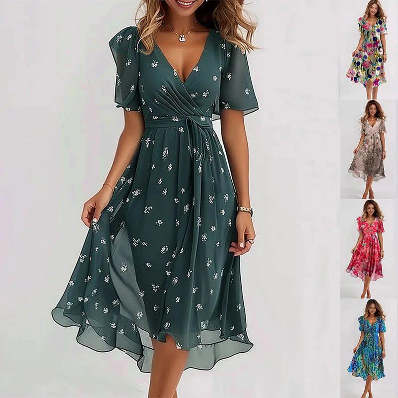 Elegant Chiffon Printed Short Sleeve Dress for Summer