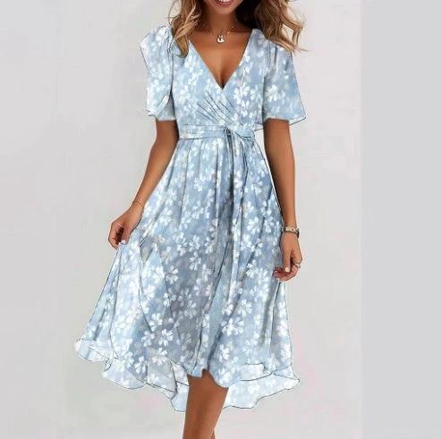Elegant Chiffon Printed Short Sleeve Dress for Summer