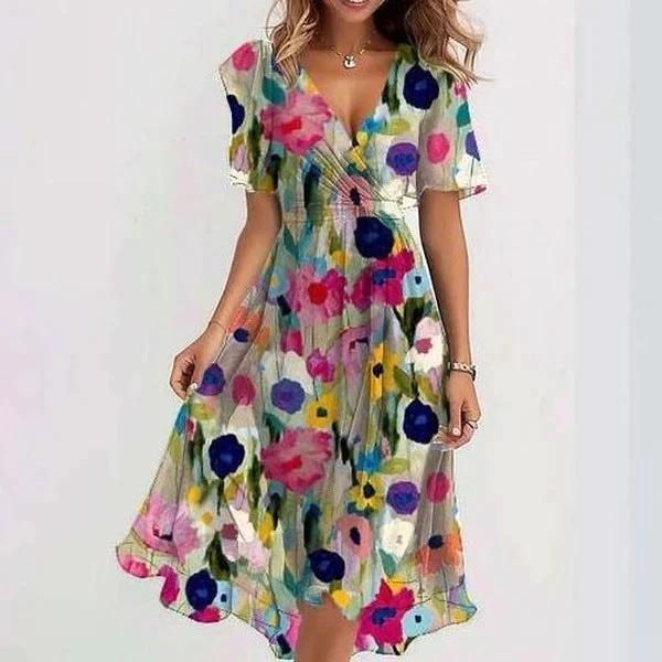 Elegant Chiffon Printed Short Sleeve Dress for Summer