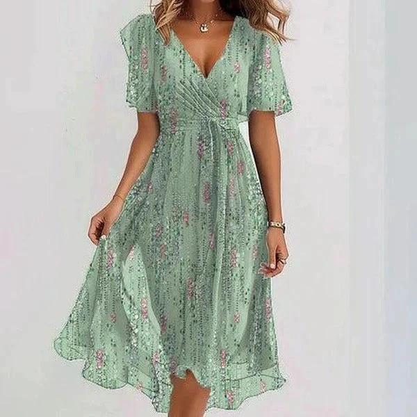 Elegant Chiffon Printed Short Sleeve Dress for Summer