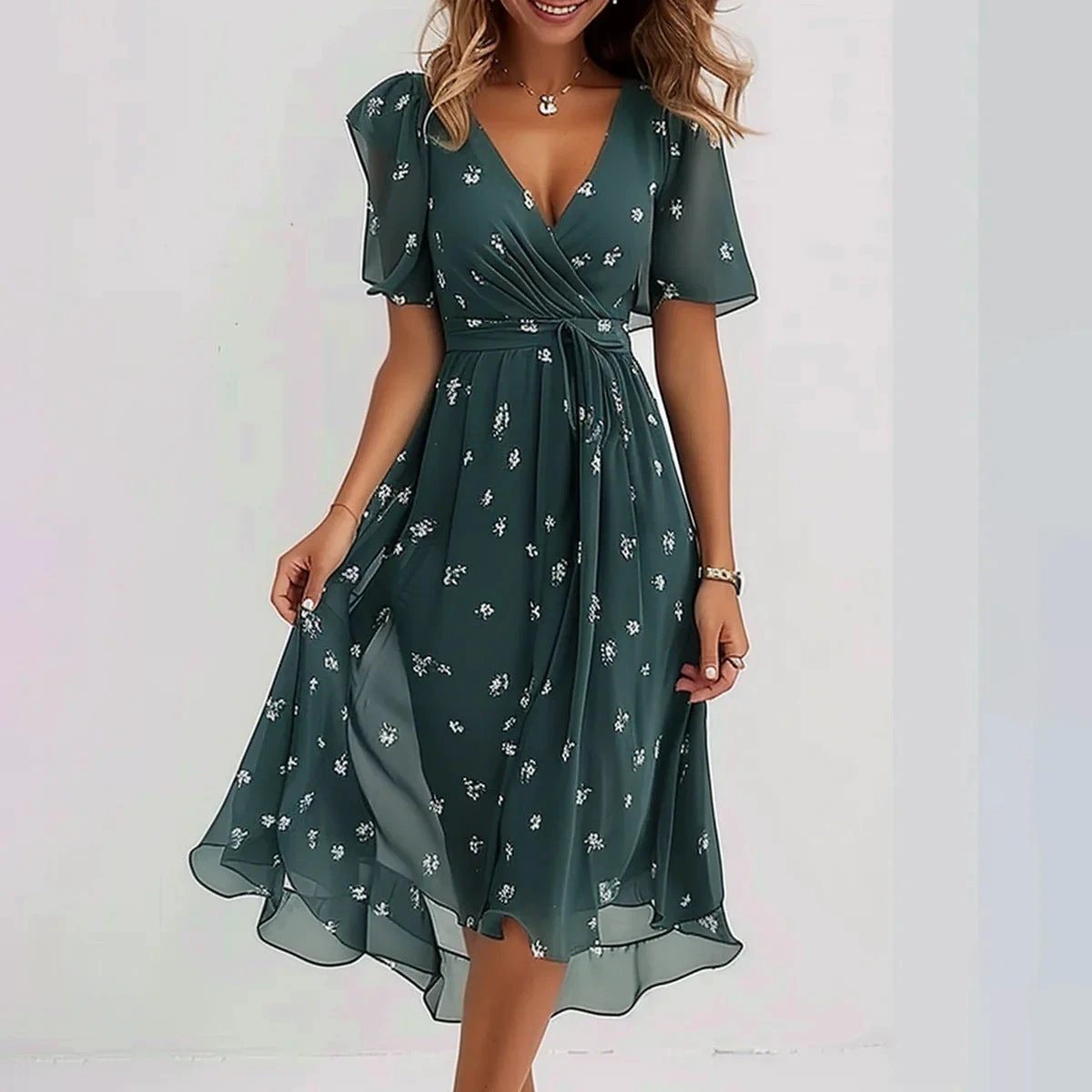 Elegant Chiffon Printed Short Sleeve Dress for Summer