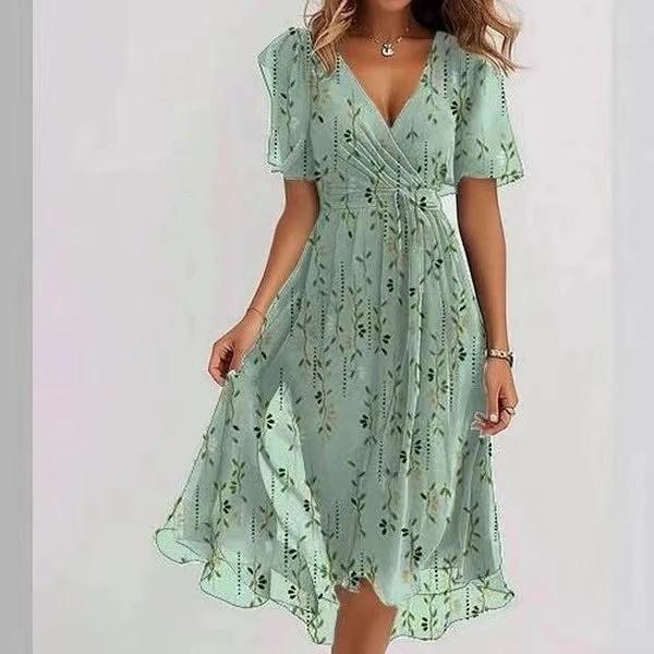 Elegant Chiffon Printed Short Sleeve Dress for Summer