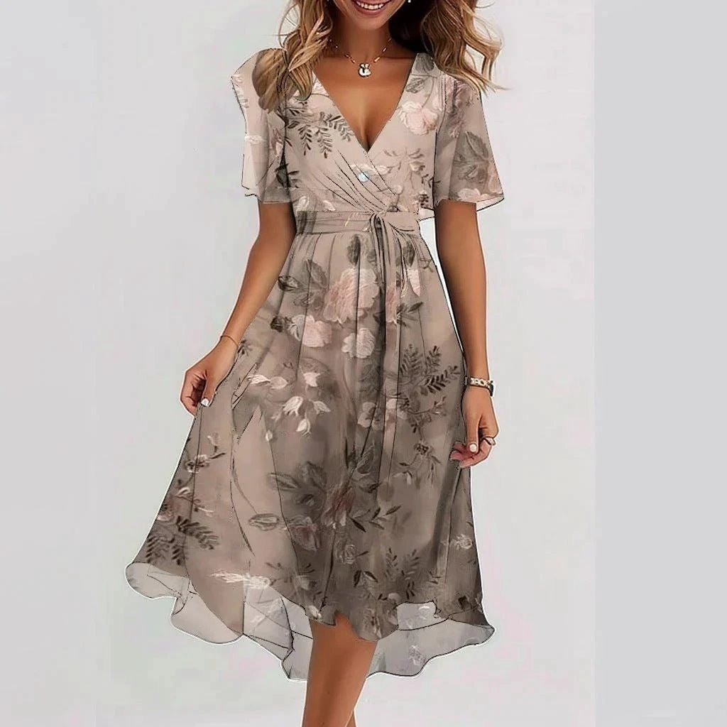 Elegant Chiffon Printed Short Sleeve Dress for Summer
