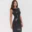 European Style PU Leather Long Dress with Asymmetric Split