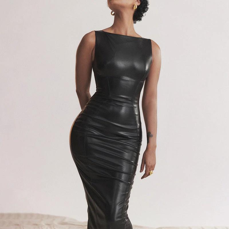 European Style PU Leather Long Dress with Asymmetric Split