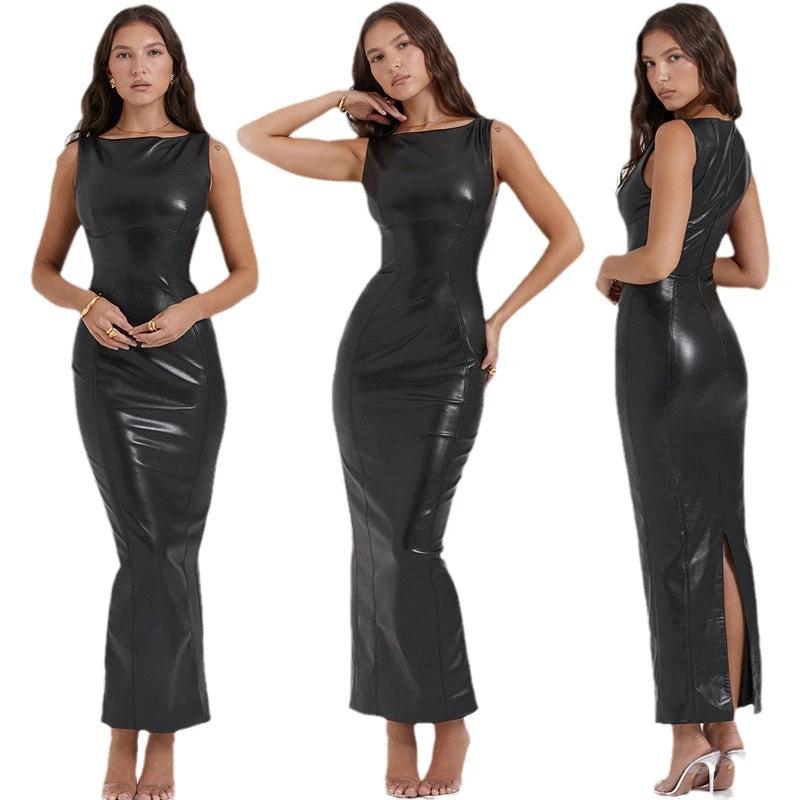 European Style PU Leather Long Dress with Asymmetric Split
