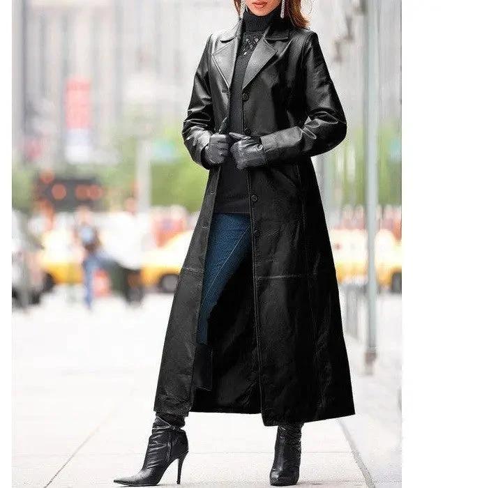 Manteau long en cuir pour femmes - Style européen et américain