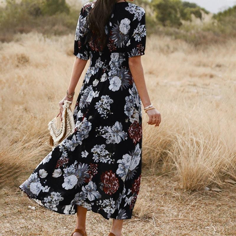 Vestido de Playa Floral de Verano con Escote en V y Cintura Elástica