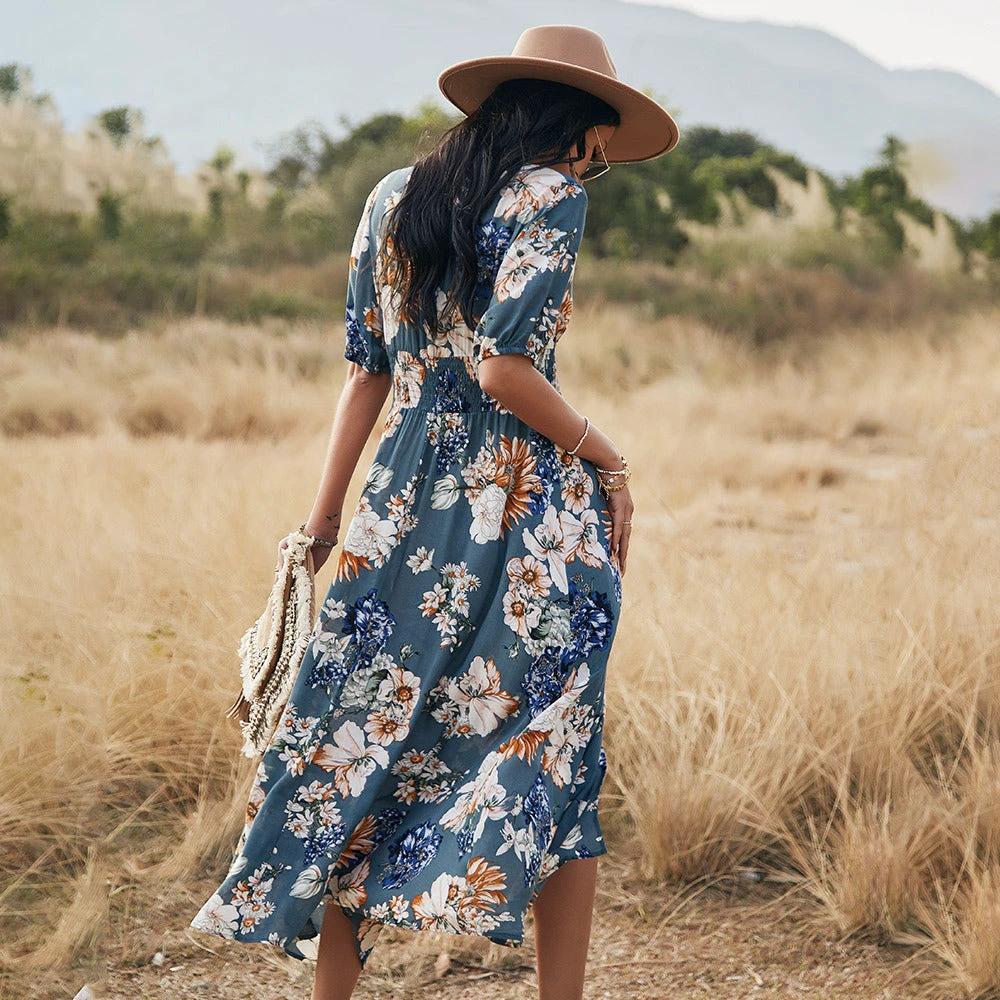Vestido de Playa Floral de Verano con Escote en V y Cintura Elástica