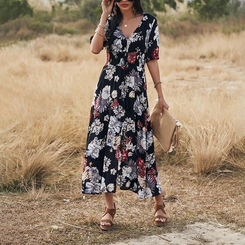 Vestido de Playa Floral de Verano con Escote en V y Cintura Elástica