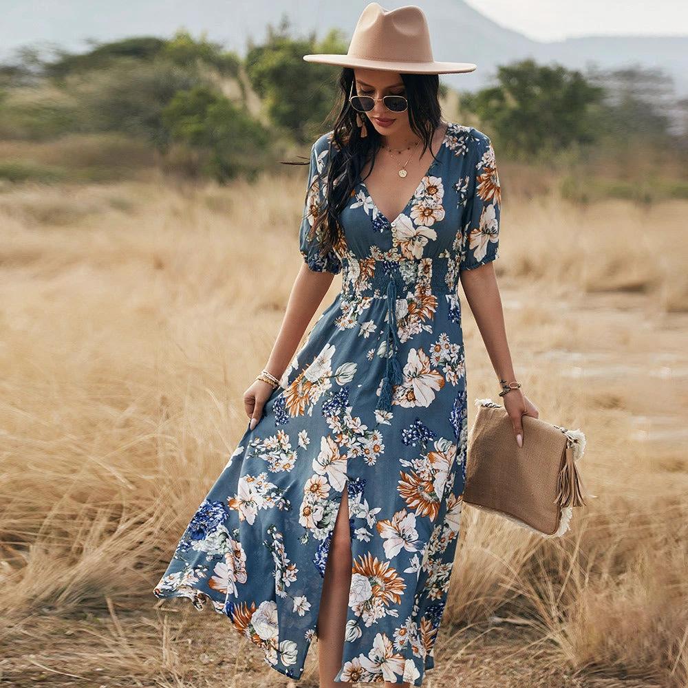 Vestido de Playa Floral de Verano con Escote en V y Cintura Elástica