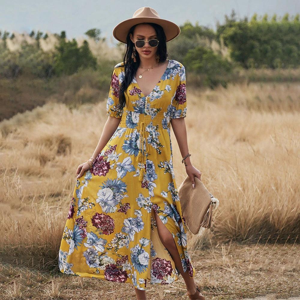 Vestido de Playa Floral de Verano con Escote en V y Cintura Elástica