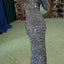 Vestido de Noche Largo de Manga Larga con Lentejuelas en Gris