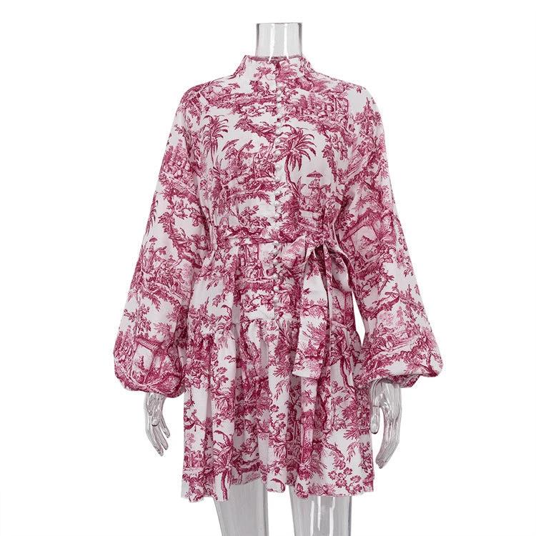 Vestido A-Line de Manga Larga con Estampado de Tinta y Mangas Abullonadas