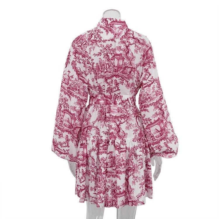 Vestido A-Line de Manga Larga con Estampado de Tinta y Mangas Abullonadas