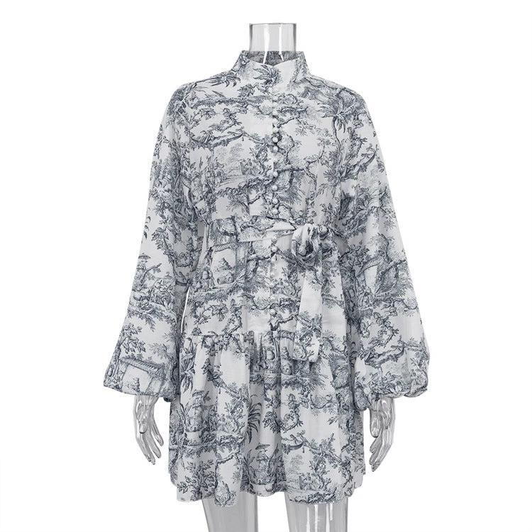 Vestido A-Line de Manga Larga con Estampado de Tinta y Mangas Abullonadas