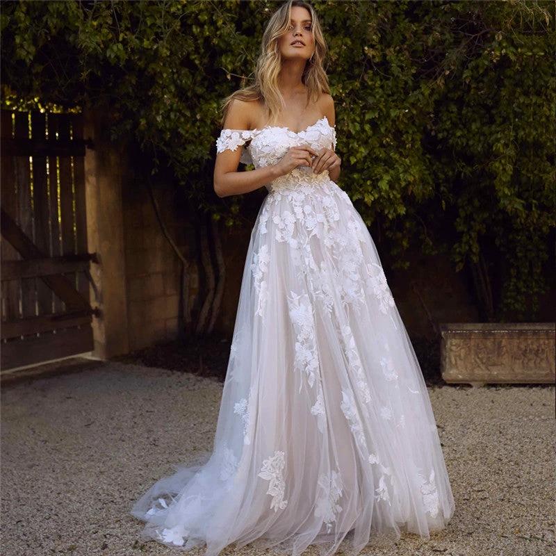 Elegant Off-The-Shoulder Lace Wedding Dress