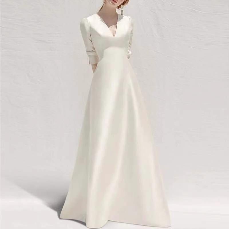 Elegant Ladies White Satin Long Skirt Dress