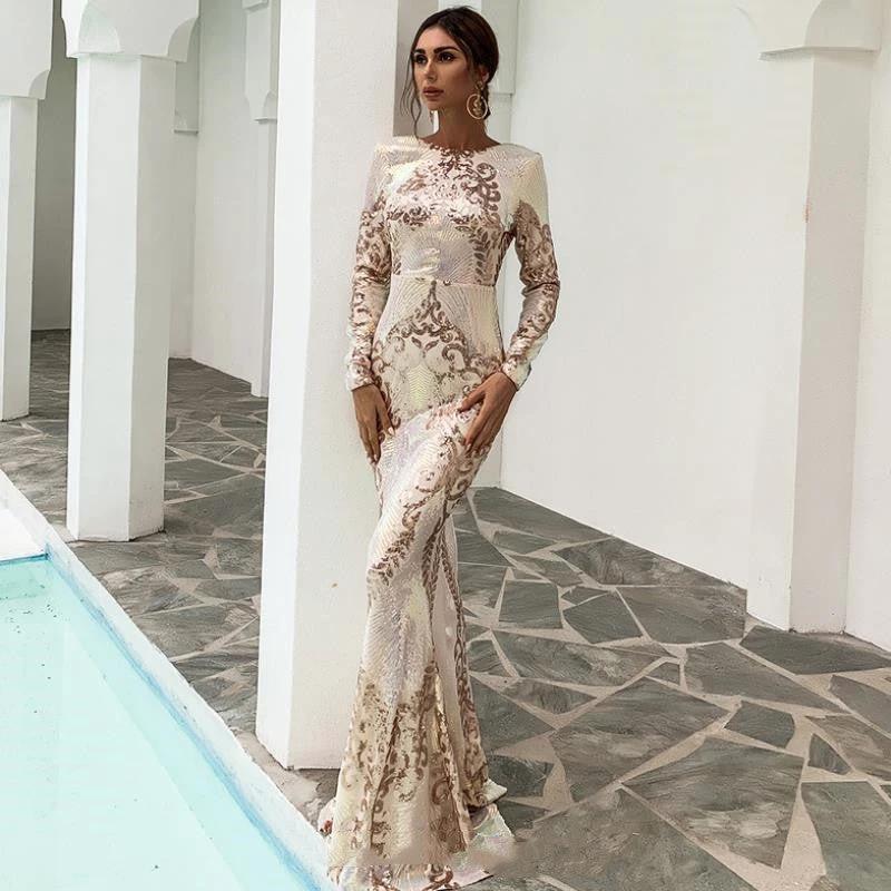 Long Sleeve Backless Sequin Maxi Dress
