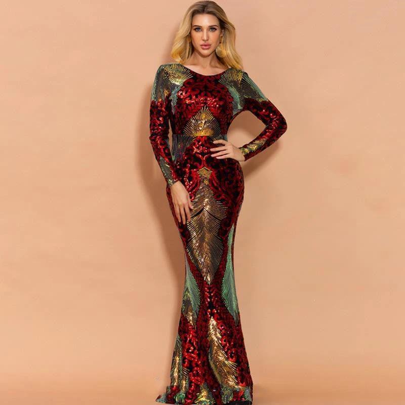 Long Sleeve Backless Sequin Maxi Dress