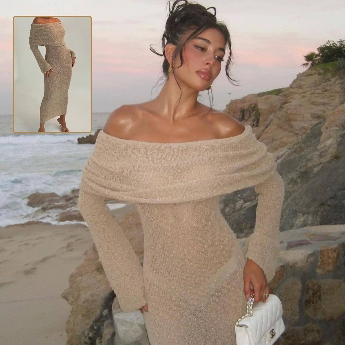 Vestido de punto de manga larga con un solo hombro para vacaciones en la playa