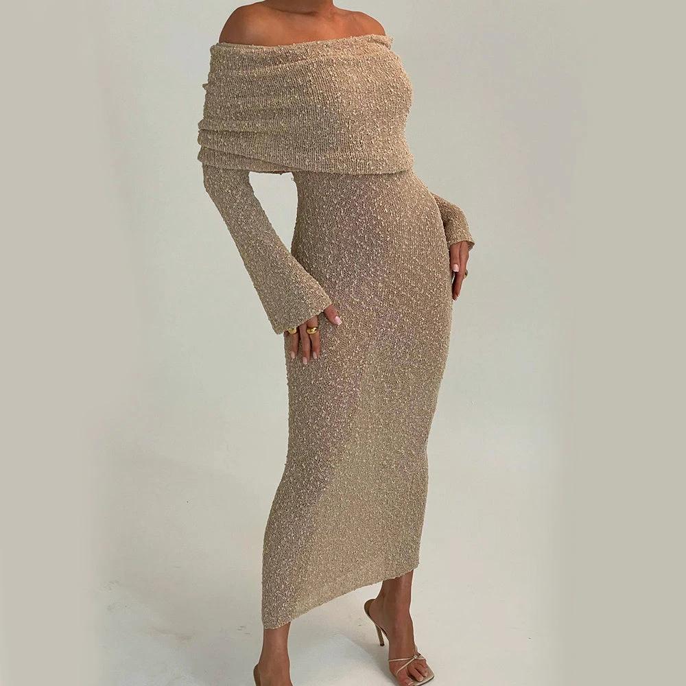 Vestido de punto de manga larga con un solo hombro para vacaciones en la playa
