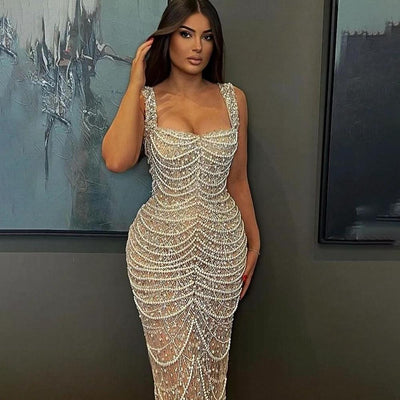 Vestido de Perlas Bead Elegante Nude de Alta Gama