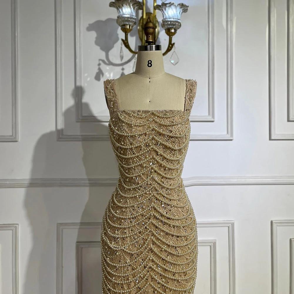 Nude Elegant Sling High-End Pearl Beaded Dress