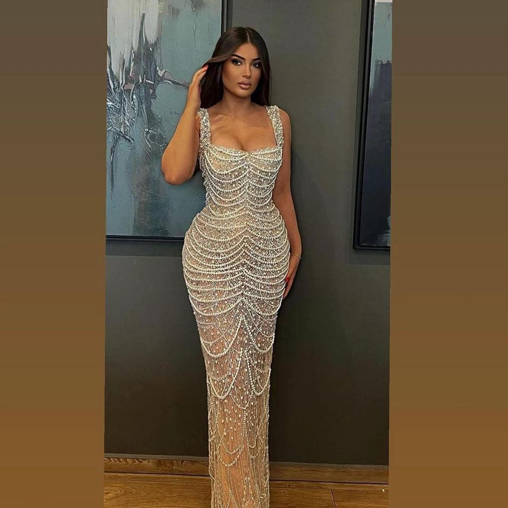 Nude Elegant Sling High-End Pearl Beaded Dress