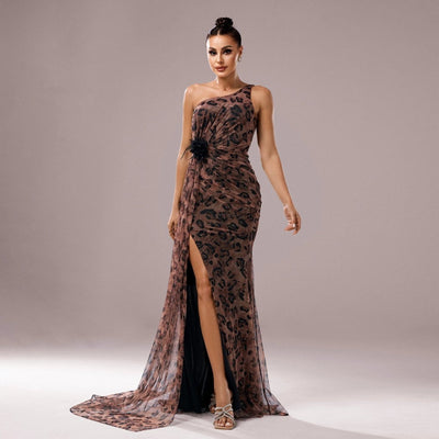 Vestido de Noche de Lentejuelas de Leopardo con Un Hombro