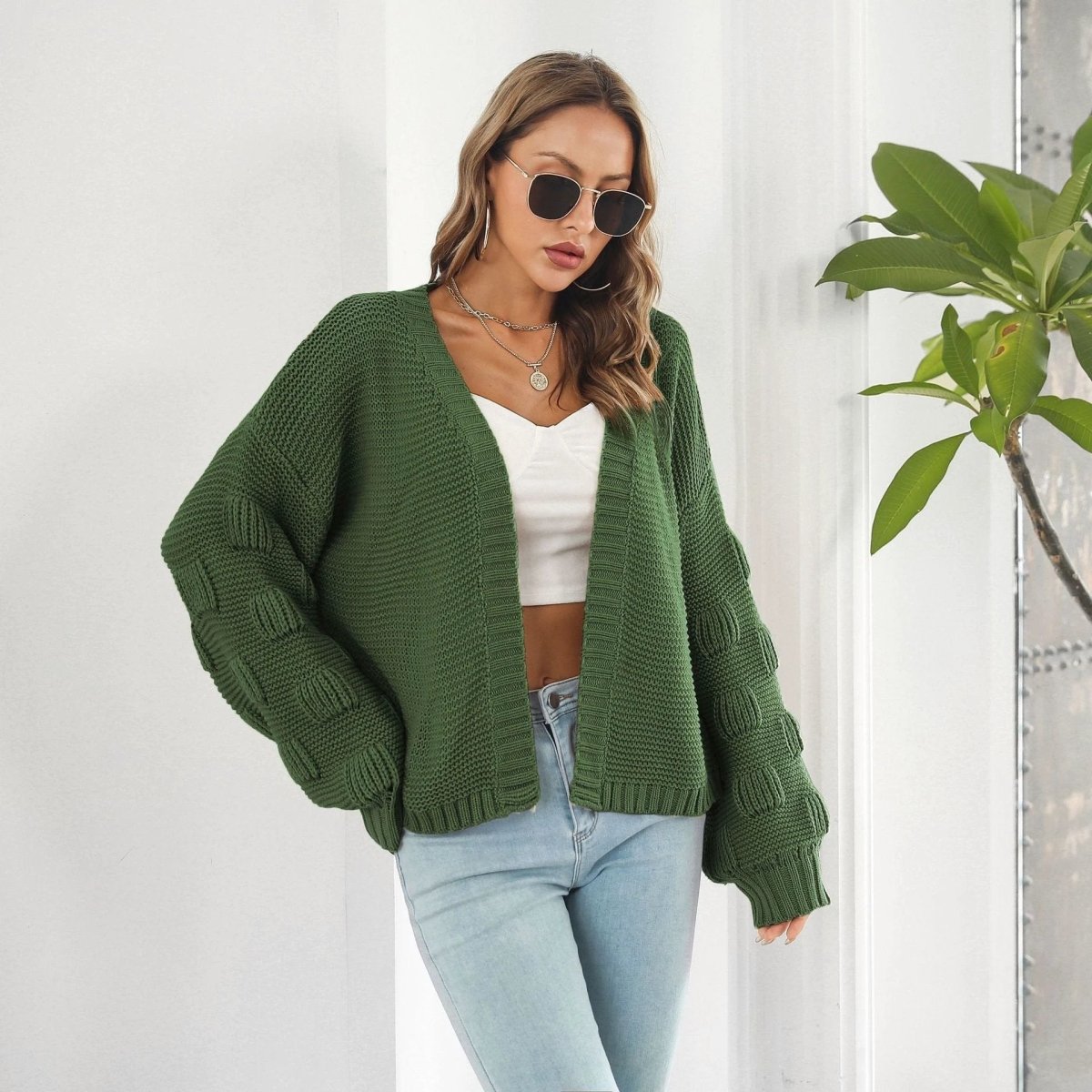 Puff Sleeve Cardigan Sweater for Women
