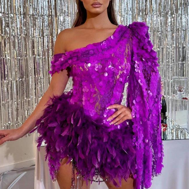 Purple Sequined Feather Skirt One-Shoulder Dress