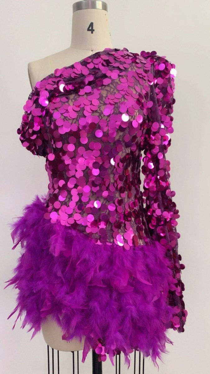 Purple Sequined Feather Skirt One-Shoulder Dress