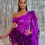 Purple Sequined Feather Skirt One-Shoulder Dress