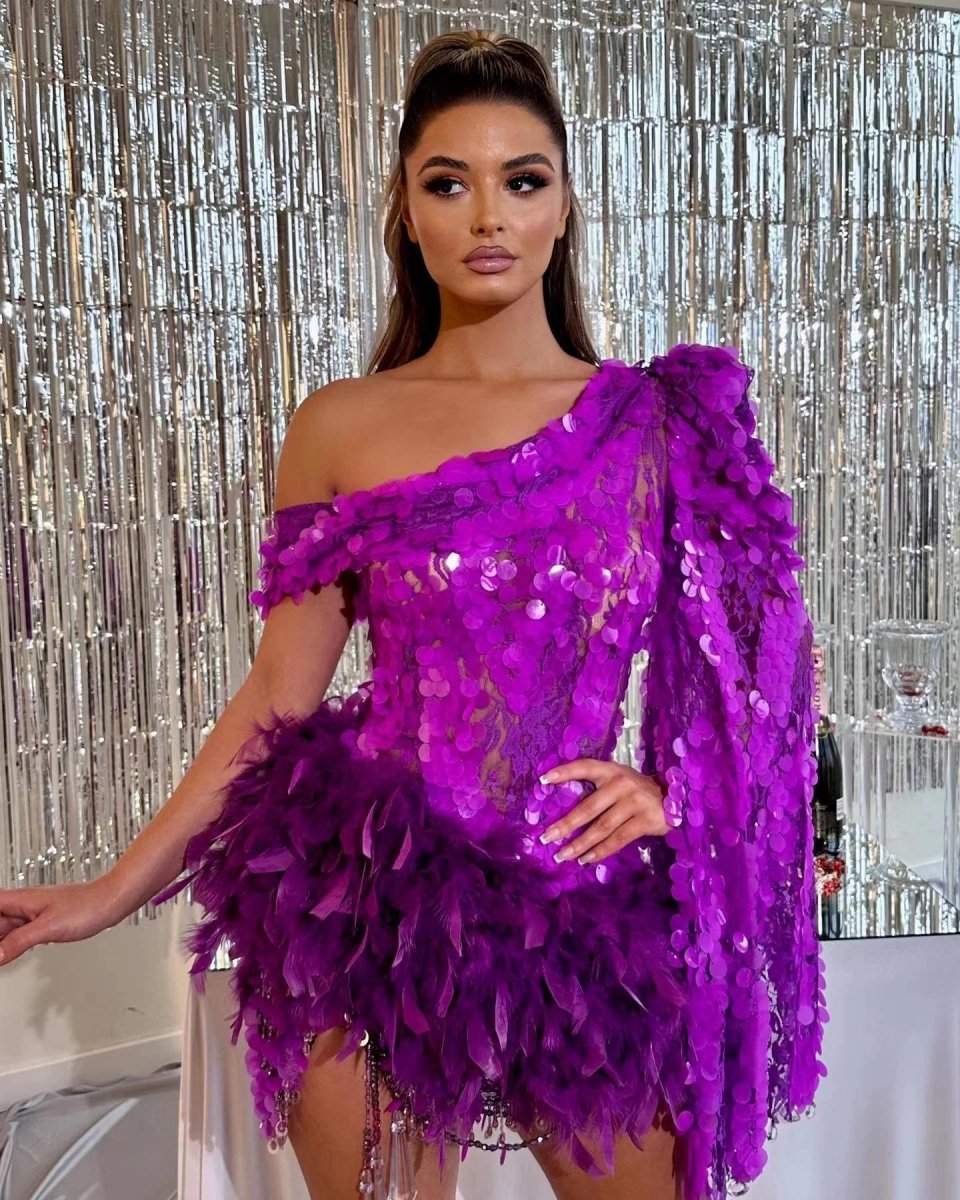 Purple Sequined Feather Skirt One-Shoulder Dress