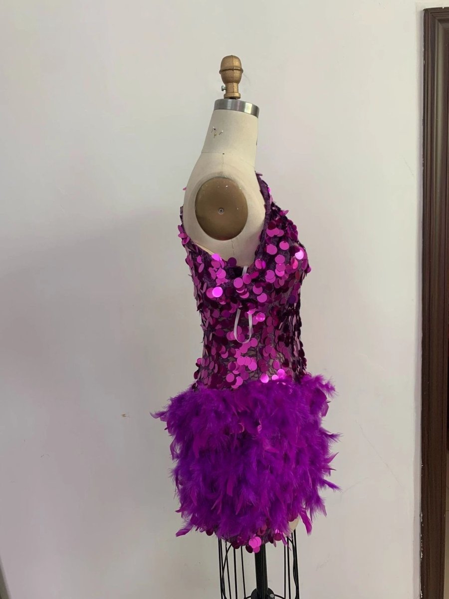 Purple Sequined Feather Skirt One-Shoulder Dress