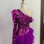 Purple Sequined Feather Skirt One-Shoulder Dress